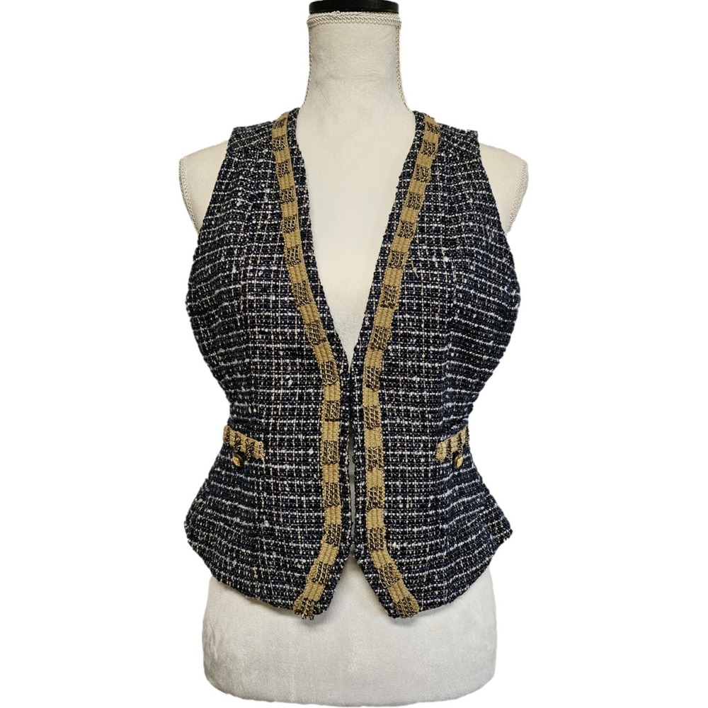 NWT Cache $128 Womens Navy & Gold Tweed Vest Size 6 Old Money‎ Academia